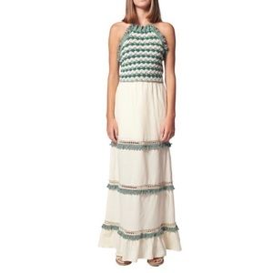 AYNI Green Cream Crochet Halter Backless Maxi Dress Women’s